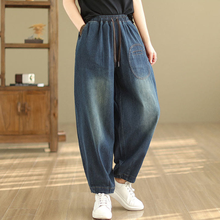 Pantalon sarouel décontracté en coton bleu ardoise foncé pour femme avec cordon de serrage et poches Buddha Stones