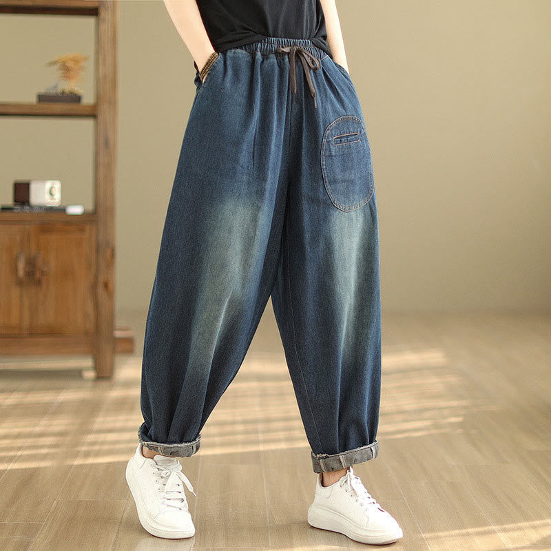 Pantalon sarouel décontracté en coton bleu ardoise foncé pour femme avec cordon de serrage et poches Buddha Stones - image 5