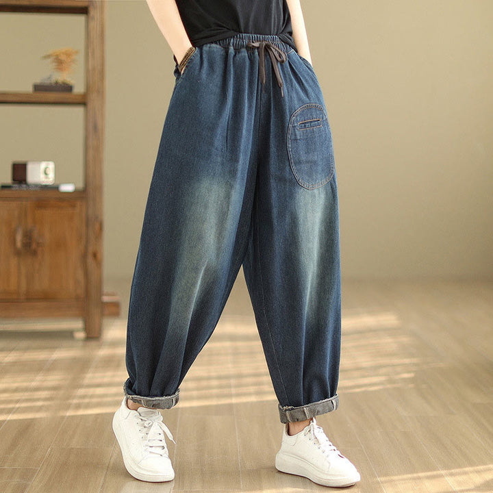 Pantalon sarouel décontracté en coton bleu ardoise foncé pour femme avec cordon de serrage et poches Buddha Stones - image 5