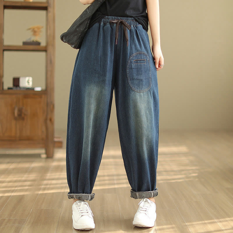 Pantalon sarouel décontracté en coton bleu ardoise foncé pour femme avec cordon de serrage et poches Buddha Stones