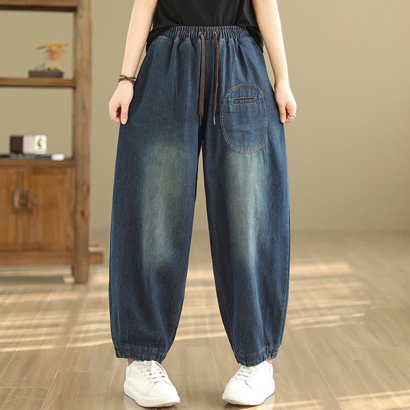 Pantalon sarouel décontracté en coton bleu ardoise foncé pour femme avec cordon de serrage et poches Buddha Stones