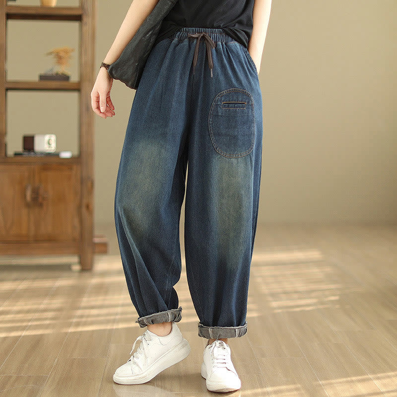 Pantalon sarouel décontracté en coton bleu ardoise foncé pour femme avec cordon de serrage et poches Buddha Stones - image 1