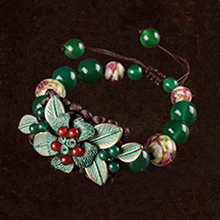 Bracelet de soutien tressé en perles de verre et agate verte avec Buddha Stones