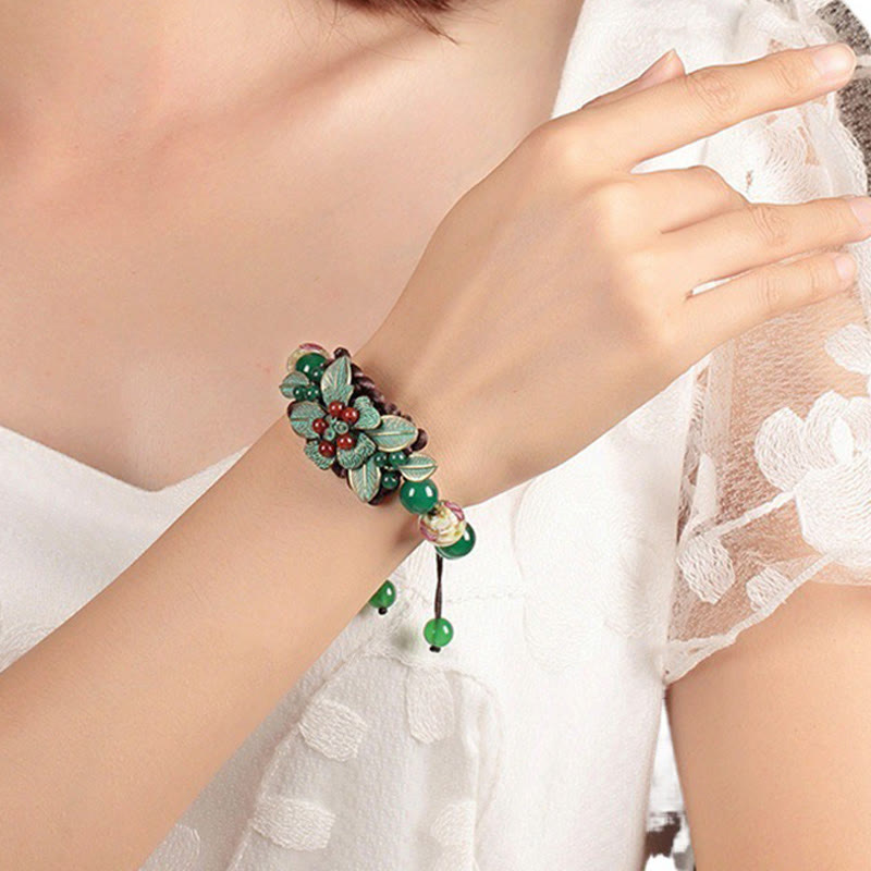 Bracelet de soutien tressé en perles de verre et agate verte avec Buddha Stones