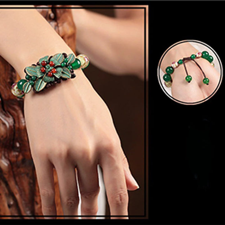 Bracelet de soutien tressé en perles de verre et agate verte avec Buddha Stones