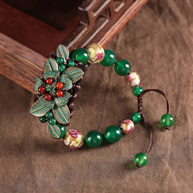 Bracelet de soutien tressé en perles de verre et agate verte avec Buddha Stones