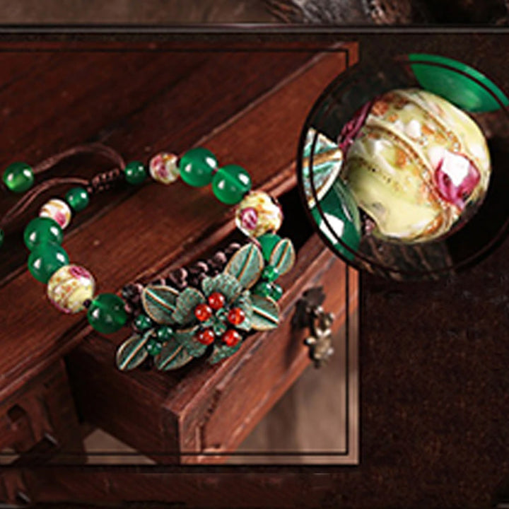 Bracelet de soutien tressé en perles de verre et agate verte avec Buddha Stones