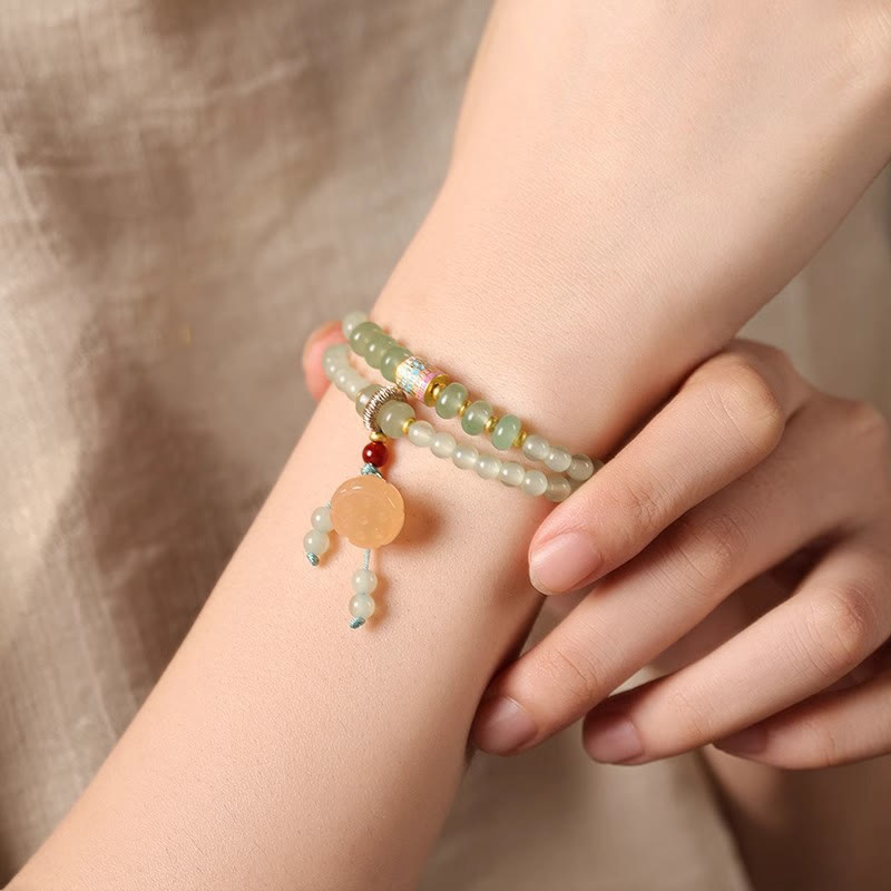 Bracelet porte-bonheur en bambou Buddha Stones et cercles multiples, aventurine naturelle, gousses de lotus en verre