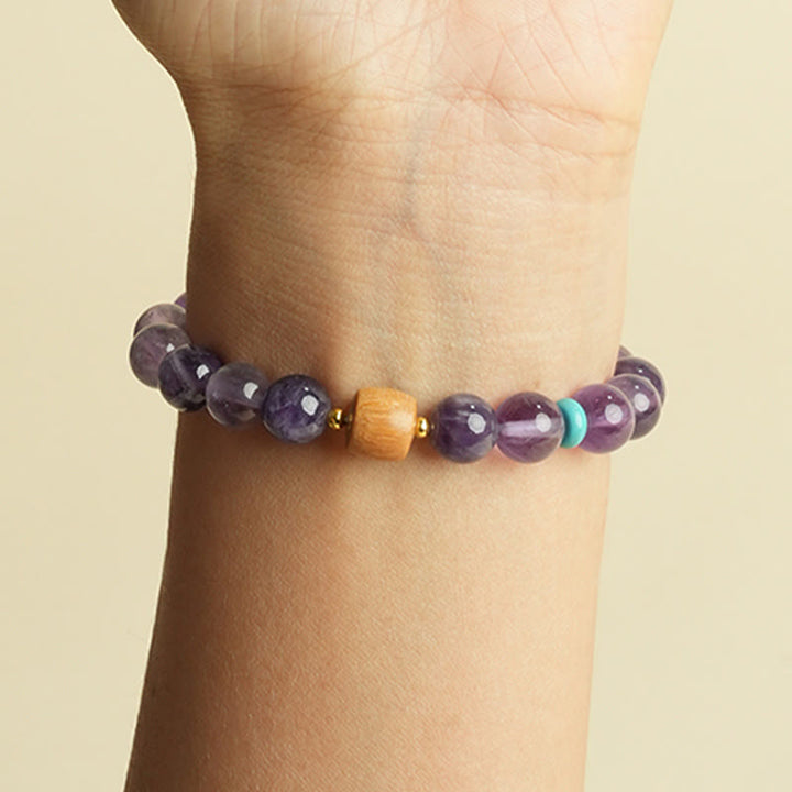 Bracelet de paix en perles de bois porte-bonheur en améthyste naturelle et Buddha Stones