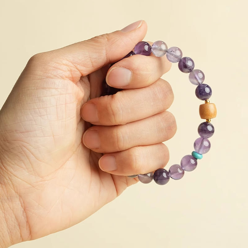 Bracelet de paix en perles de bois porte-bonheur en améthyste naturelle et Buddha Stones