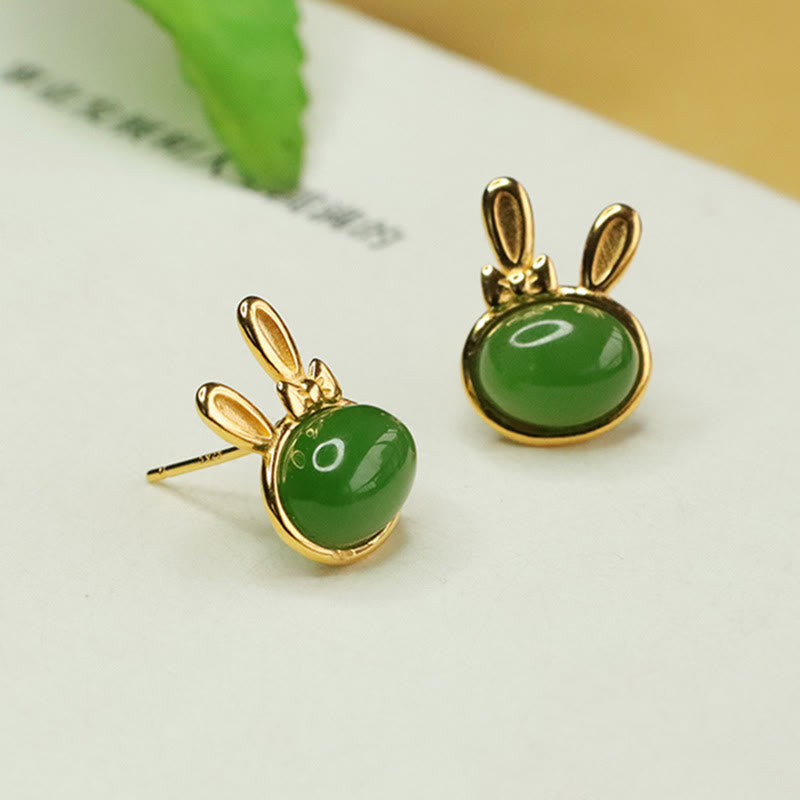 Buddha Stones d'oreilles à tige en argent sterling 925 et jade cyan Hetian, motif lapin porte-bonheur