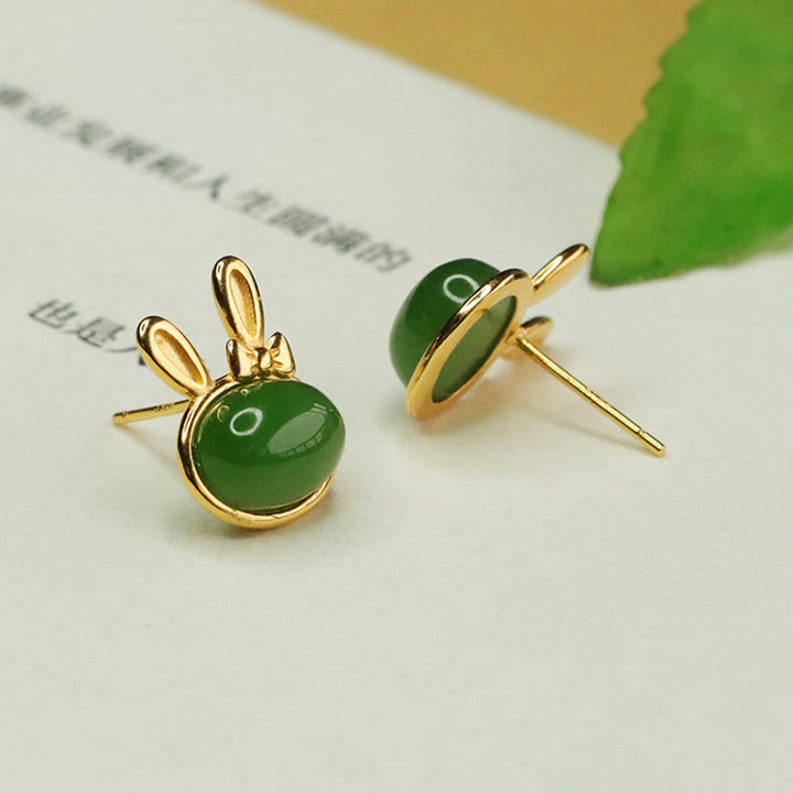 Buddha Stones d'oreilles à tige en argent sterling 925 et jade cyan Hetian, motif lapin porte-bonheur