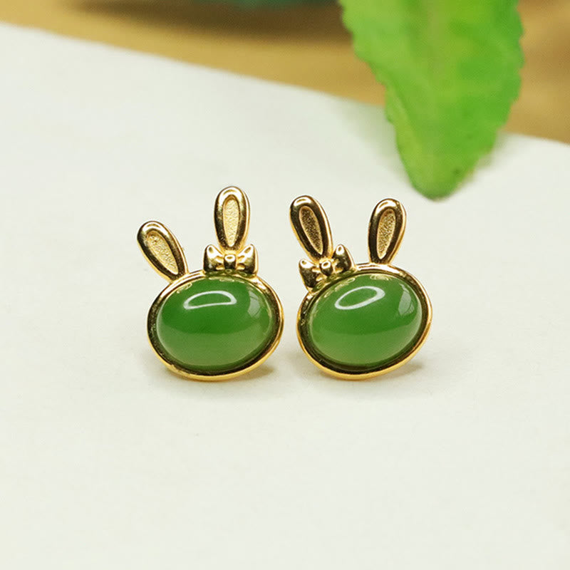 Buddha Stones d'oreilles à tige en argent sterling 925 et jade cyan Hetian, motif lapin porte-bonheur - Jade cyan Hetian (Succès ♥ Guérison) - image 0