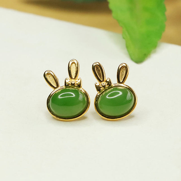 Buddha Stones d'oreilles à tige en argent sterling 925 et jade cyan Hetian, motif lapin porte-bonheur - Jade cyan Hetian (Succès ♥ Guérison) - image 0