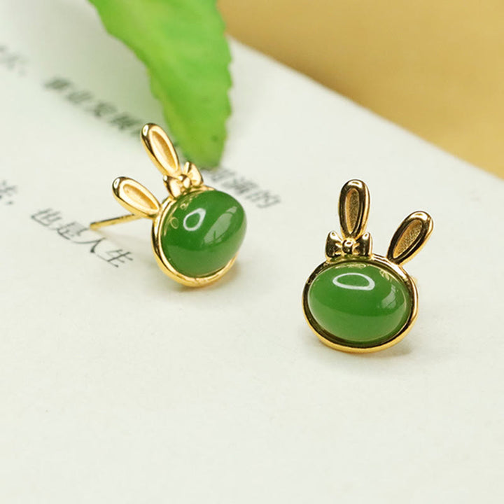 Buddha Stones d'oreilles à tige en argent sterling 925 et jade cyan Hetian, motif lapin porte-bonheur