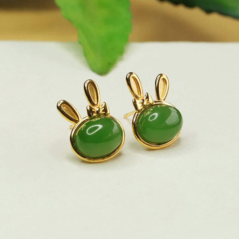 Buddha Stones d'oreilles à tige en argent sterling 925 et jade cyan Hetian, motif lapin porte-bonheur