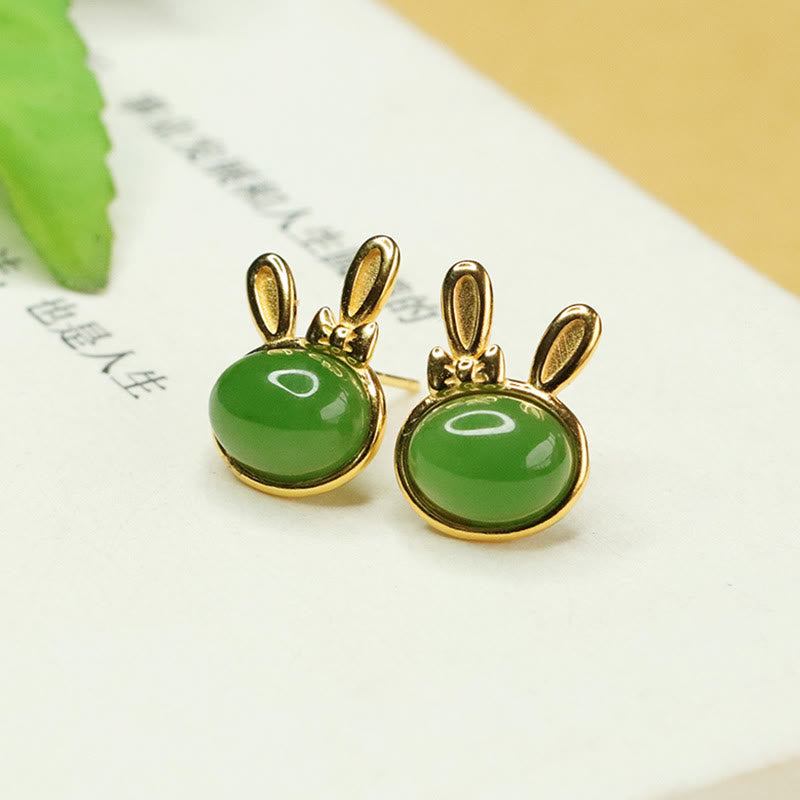 Buddha Stones d'oreilles à tige en argent sterling 925 et jade cyan Hetian, motif lapin porte-bonheur