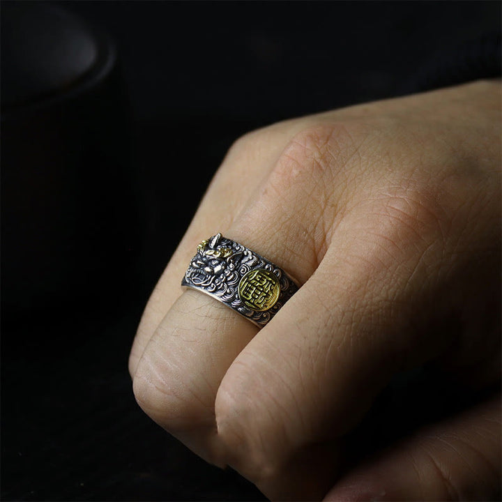 Bague ajustable en argent sterling 925 avec pièce de cuivre PiXiu et Buddha Stones , en laiton, pour la richesse et la chance