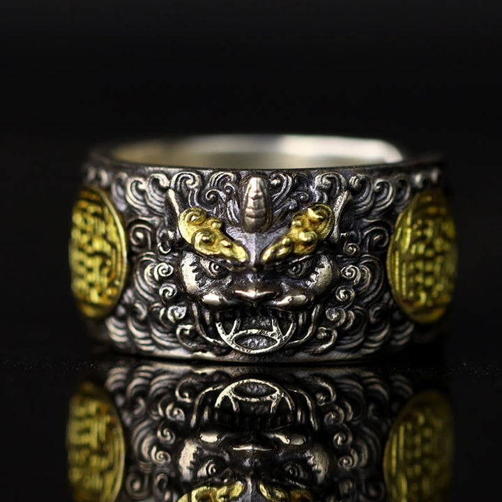 Bague ajustable en argent sterling 925 avec pièce de cuivre PiXiu et Buddha Stones , en laiton, pour la richesse et la chance