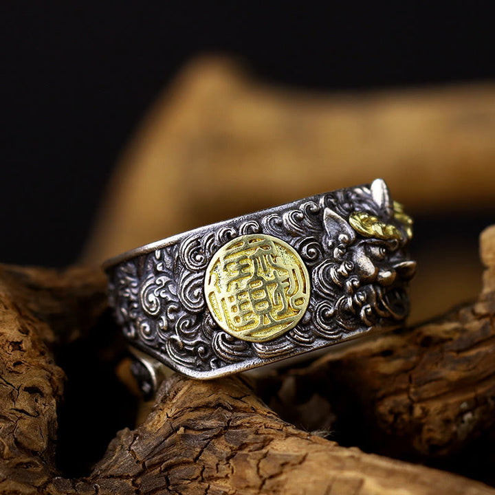 Bague ajustable en argent sterling 925 avec pièce de cuivre PiXiu et Buddha Stones , en laiton, pour la richesse et la chance