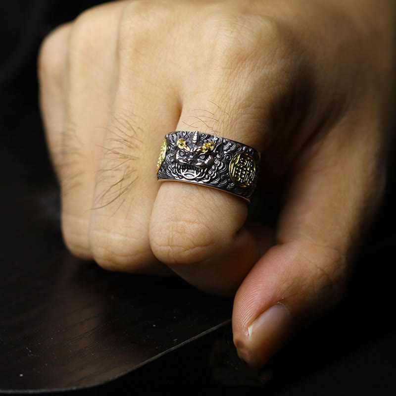 Bague ajustable en argent sterling 925 avec pièce de cuivre PiXiu et Buddha Stones , en laiton, pour la richesse et la chance