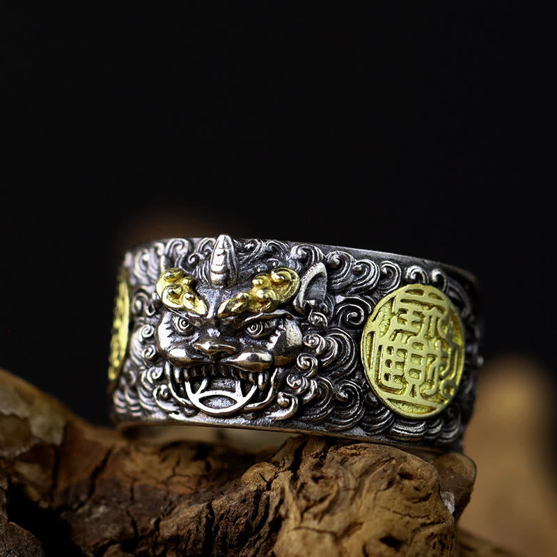 Bague ajustable en argent sterling 925 avec pièce de cuivre PiXiu et Buddha Stones , en laiton, pour la richesse et la chance - US12-US15 - image 0
