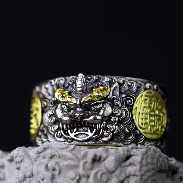 Bague ajustable en argent sterling 925 avec pièce de cuivre PiXiu et Buddha Stones , en laiton, pour la richesse et la chance