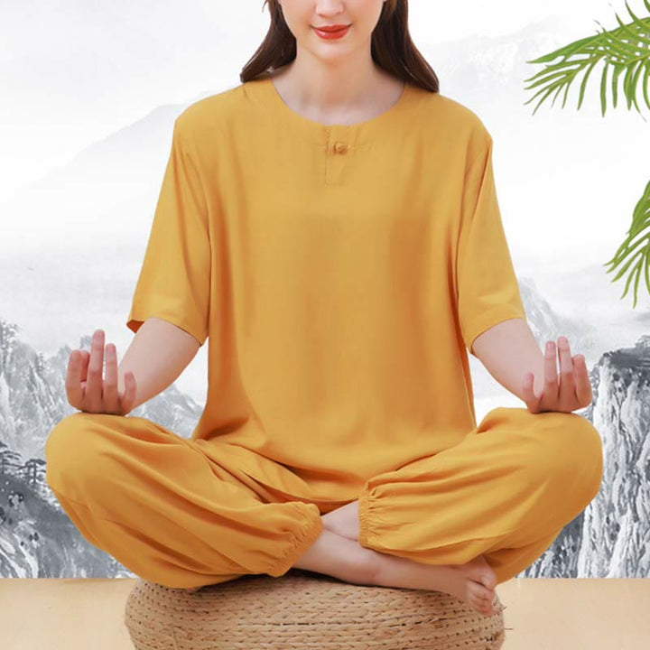 Ensemble 2 pièces en coton pour femme, motif Buddha Stones, couleur unie, boutons grenouille, col ras du cou, manches mi-longues, taille élastique, pantalon, méditation, zen, tai-chi
