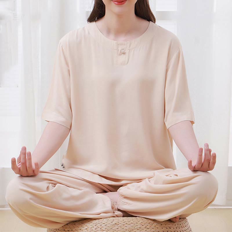 Ensemble 2 pièces en coton pour femme, motif Buddha Stones, couleur unie, boutons grenouille, col ras du cou, manches mi-longues, taille élastique, pantalon, méditation, zen, tai-chi