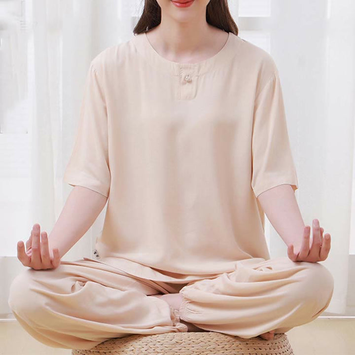 Ensemble 2 pièces en coton pour femme, motif Buddha Stones, couleur unie, boutons grenouille, col ras du cou, manches mi-longues, taille élastique, pantalon, méditation, zen, tai-chi
