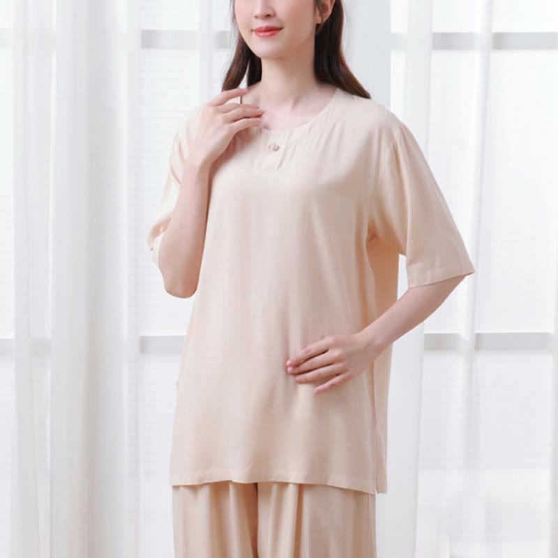 Ensemble 2 pièces en coton pour femme, motif Buddha Stones, couleur unie, boutons grenouille, col ras du cou, manches mi-longues, taille élastique, pantalon, méditation, zen, tai-chi