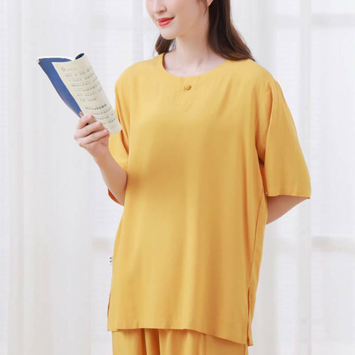 Ensemble 2 pièces en coton pour femme, motif Buddha Stones, couleur unie, boutons grenouille, col ras du cou, manches mi-longues, taille élastique, pantalon, méditation, zen, tai-chi