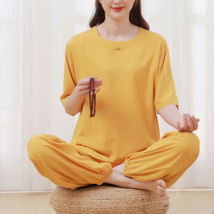 Ensemble 2 pièces en coton pour femme, motif Buddha Stones, couleur unie, boutons grenouille, col ras du cou, manches mi-longues, taille élastique, pantalon, méditation, zen, tai-chi