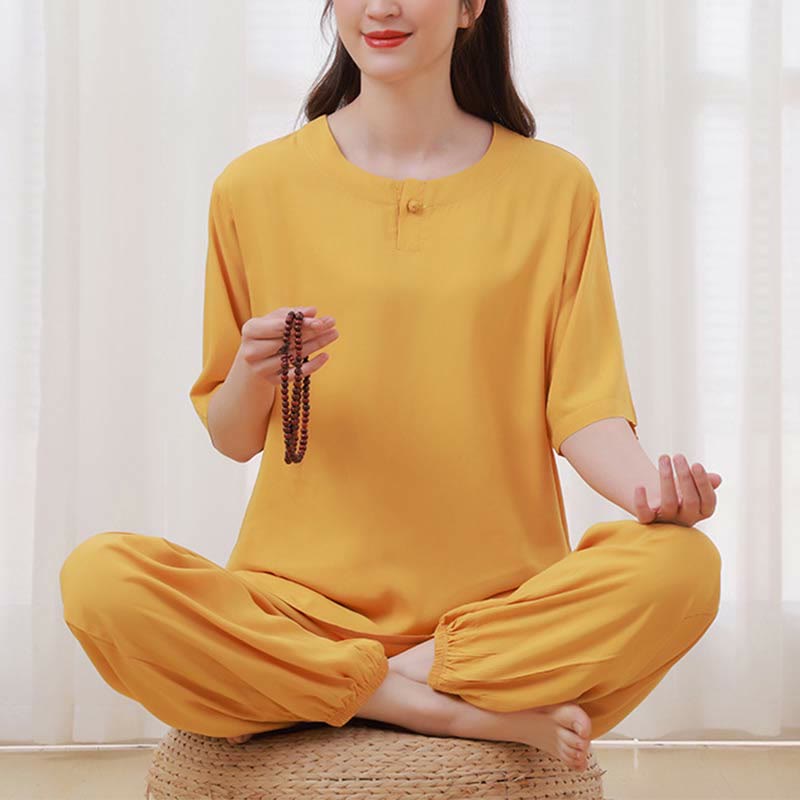 Ensemble 2 pièces en coton pour femme, motif Buddha Stones, couleur unie, boutons grenouille, col ras du cou, manches mi-longues, taille élastique, pantalon, méditation, zen, tai-chi