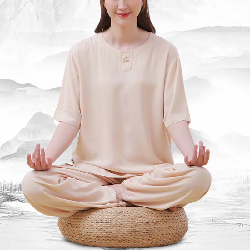 Ensemble 2 pièces en coton pour femme, motif Buddha Stones, couleur unie, boutons grenouille, col ras du cou, manches mi-longues, taille élastique, pantalon, méditation, zen, tai-chi