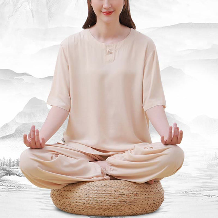 Ensemble 2 pièces en coton pour femme, motif Buddha Stones, couleur unie, boutons grenouille, col ras du cou, manches mi-longues, taille élastique, pantalon, méditation, zen, tai-chi