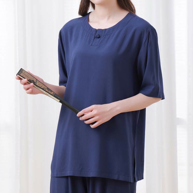 Ensemble 2 pièces en coton pour femme, motif Buddha Stones, couleur unie, boutons grenouille, col ras du cou, manches mi-longues, taille élastique, pantalon, méditation, zen, tai-chi