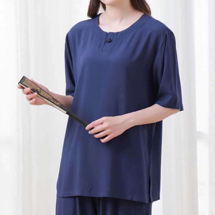 Ensemble 2 pièces en coton pour femme, motif Buddha Stones, couleur unie, boutons grenouille, col ras du cou, manches mi-longues, taille élastique, pantalon, méditation, zen, tai-chi