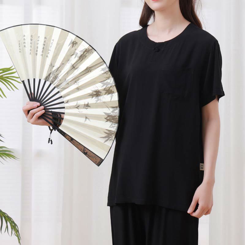 Ensemble 2 pièces en coton pour femme, motif Buddha Stones, couleur unie, boutons grenouille, col ras du cou, manches mi-longues, taille élastique, pantalon, méditation, zen, tai-chi