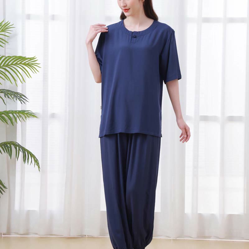 Ensemble 2 pièces en coton pour femme, motif Buddha Stones, couleur unie, boutons grenouille, col ras du cou, manches mi-longues, taille élastique, pantalon, méditation, zen, tai-chi