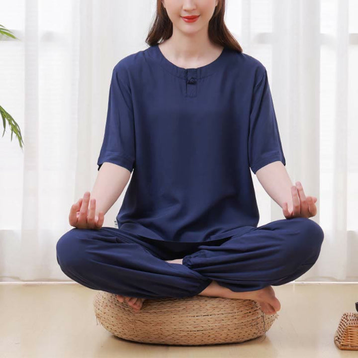 Ensemble 2 pièces en coton pour femme, motif Buddha Stones, couleur unie, boutons grenouille, col ras du cou, manches mi-longues, taille élastique, pantalon, méditation, zen, tai-chi