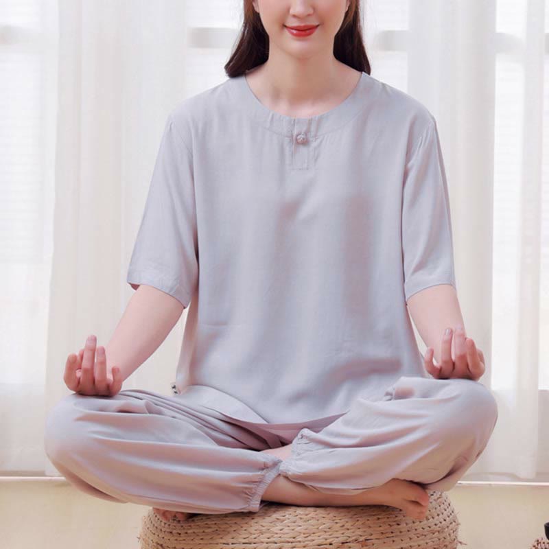 Ensemble 2 pièces en coton pour femme, motif Buddha Stones, couleur unie, boutons grenouille, col ras du cou, manches mi-longues, taille élastique, pantalon, méditation, zen, tai-chi