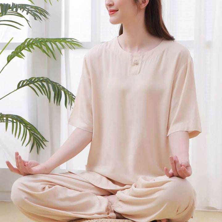 Ensemble 2 pièces en coton pour femme, motif Buddha Stones, couleur unie, boutons grenouille, col ras du cou, manches mi-longues, taille élastique, pantalon, méditation, zen, tai-chi