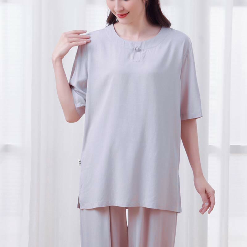 Ensemble 2 pièces en coton pour femme, motif Buddha Stones, couleur unie, boutons grenouille, col ras du cou, manches mi-longues, taille élastique, pantalon, méditation, zen, tai-chi