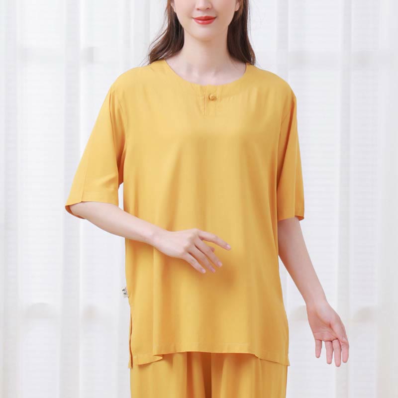 Ensemble 2 pièces en coton pour femme, motif Buddha Stones, couleur unie, boutons grenouille, col ras du cou, manches mi-longues, taille élastique, pantalon, méditation, zen, tai-chi