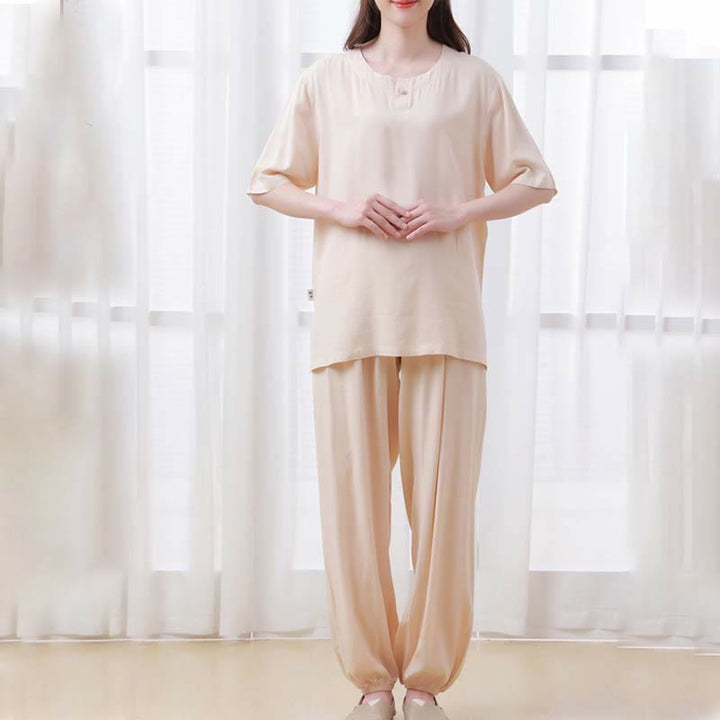 Ensemble 2 pièces en coton pour femme, motif Buddha Stones, couleur unie, boutons grenouille, col ras du cou, manches mi-longues, taille élastique, pantalon, méditation, zen, tai-chi
