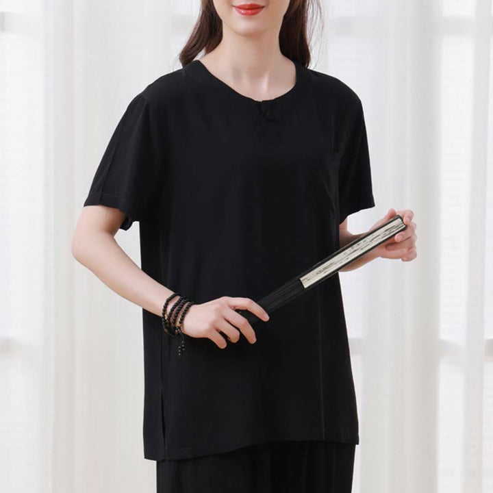 Ensemble 2 pièces en coton pour femme, motif Buddha Stones, couleur unie, boutons grenouille, col ras du cou, manches mi-longues, taille élastique, pantalon, méditation, zen, tai-chi