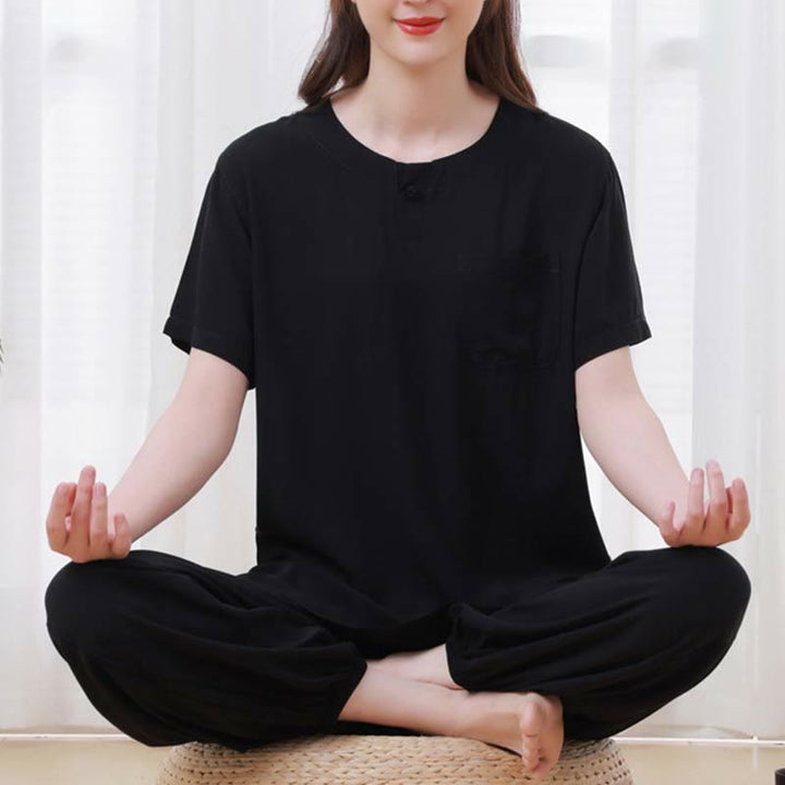 Ensemble 2 pièces en coton pour femme, motif Buddha Stones, couleur unie, boutons grenouille, col ras du cou, manches mi-longues, taille élastique, pantalon, méditation, zen, tai-chi