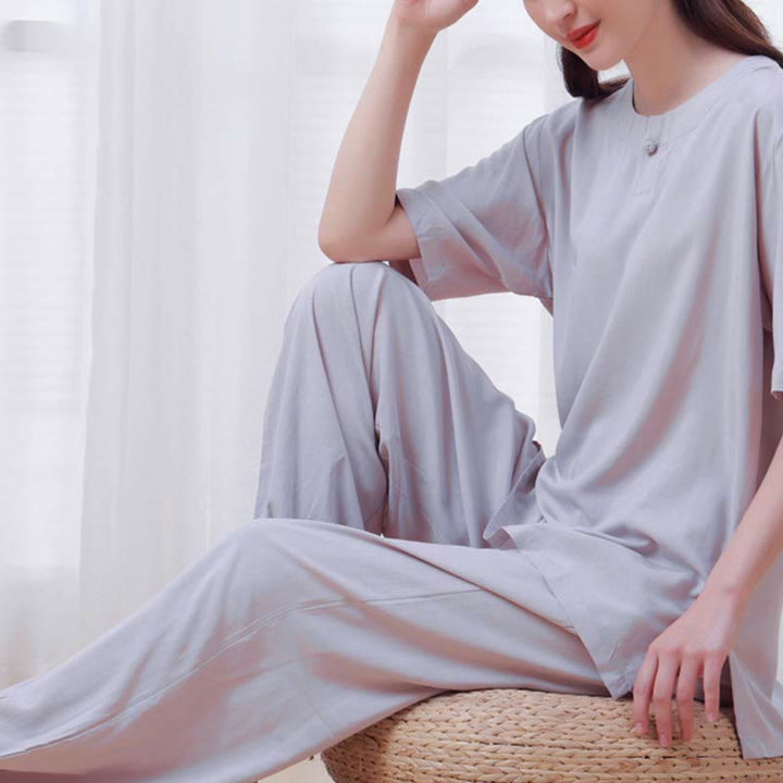 Ensemble 2 pièces en coton pour femme, motif Buddha Stones, couleur unie, boutons grenouille, col ras du cou, manches mi-longues, taille élastique, pantalon, méditation, zen, tai-chi