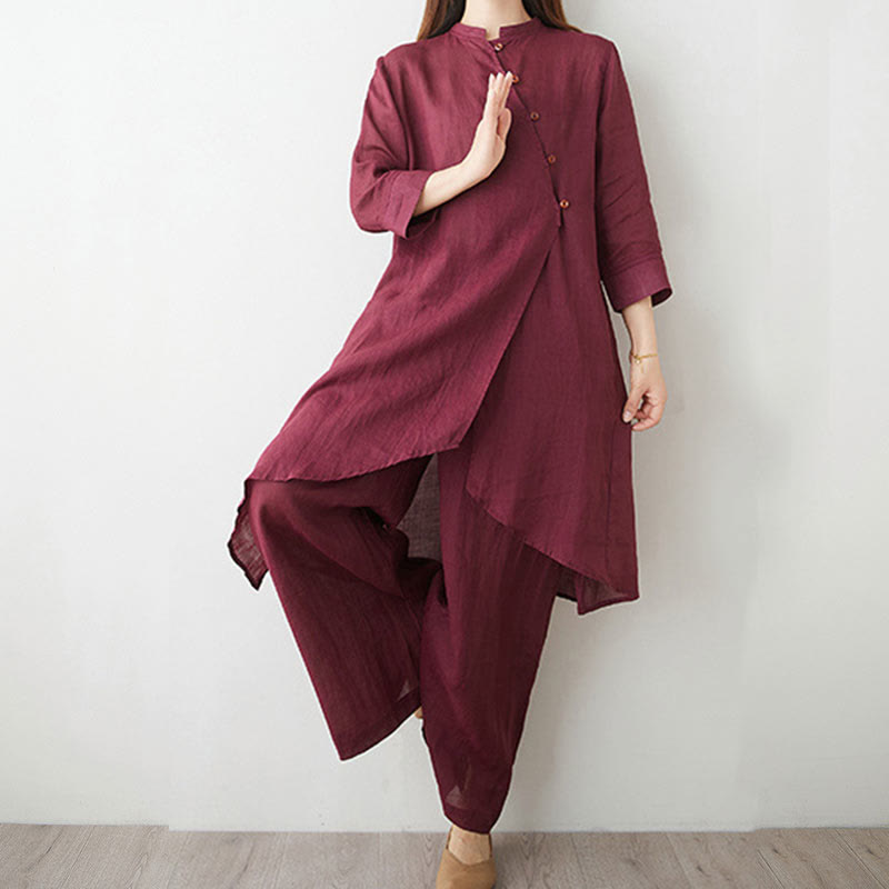 Ensemble décontracté 2 pièces Buddha Stones pour femme : chemise unie à manches trois-quarts et col en biais, pantalon large avec poches, idéal pour la méditation, le zen et le tai-chi. - image 6